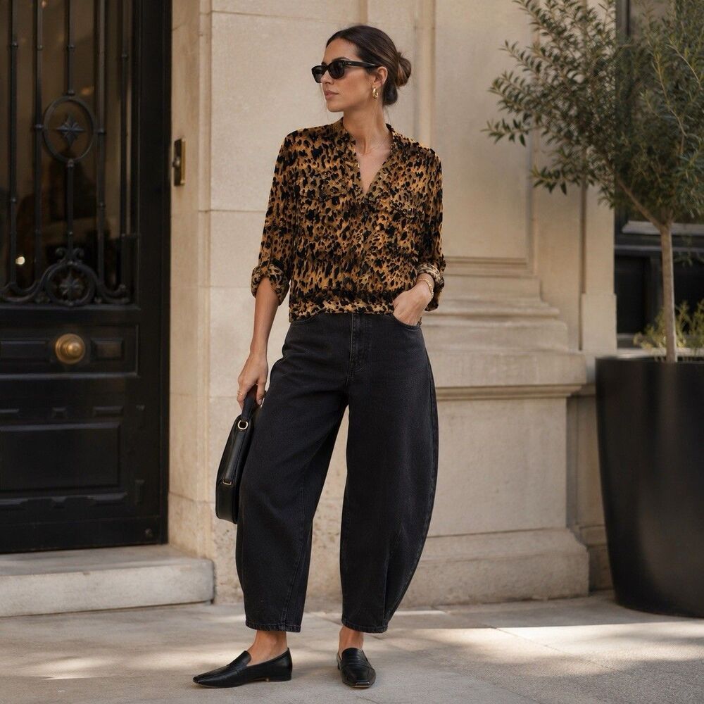 Ethyl Womens Leopard Print Burnout Velvet Popover Blouse M Sheer Banded Hem